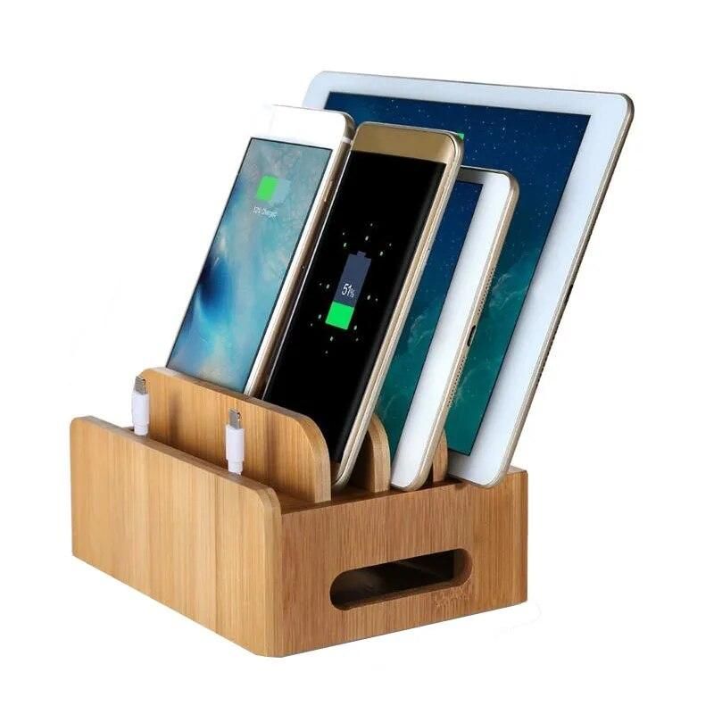 Multifunction Bamboo Mobile Phone Holder Cords Organizer Stand Charging Station For iPhone For Samsung Phone/Tablet Universal