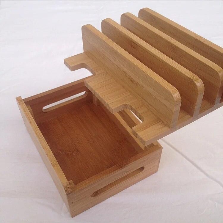 Multifunction Bamboo Mobile Phone Holder Cords Organizer Stand Charging Station For iPhone For Samsung Phone/Tablet Universal