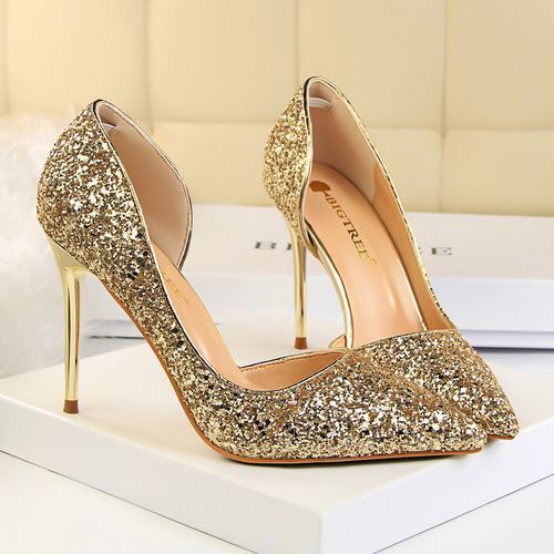 Ladies Sequins Heels Wedding Pumpsl Dress Party Shoes Gold