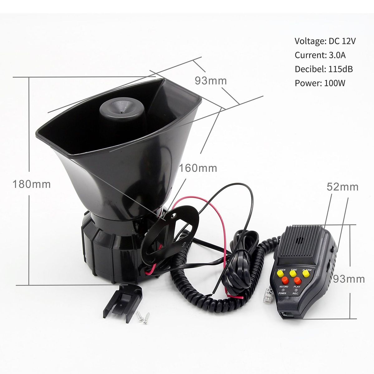 Car Recording Siren Speaker, 12V 100W 3 Tones Car Siren Horn Speaker and Mic PA Speaker System with Recording Function, Volume Control, Switch on-Off Function, Status Indicator Light