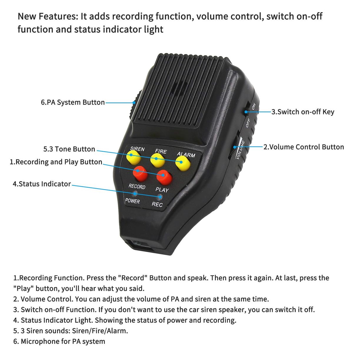 Car Recording Siren Speaker, 12V 100W 3 Tones Car Siren Horn Speaker and Mic PA Speaker System with Recording Function, Volume Control, Switch on-Off Function, Status Indicator Light