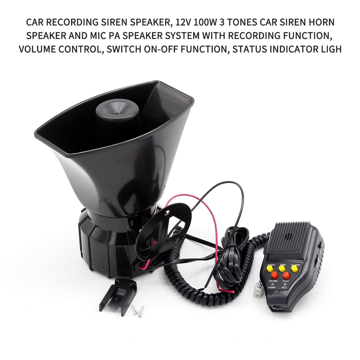 Car Recording Siren Speaker, 12V 100W 3 Tones Car Siren Horn Speaker and Mic PA Speaker System with Recording Function, Volume Control, Switch on-Off Function, Status Indicator Light