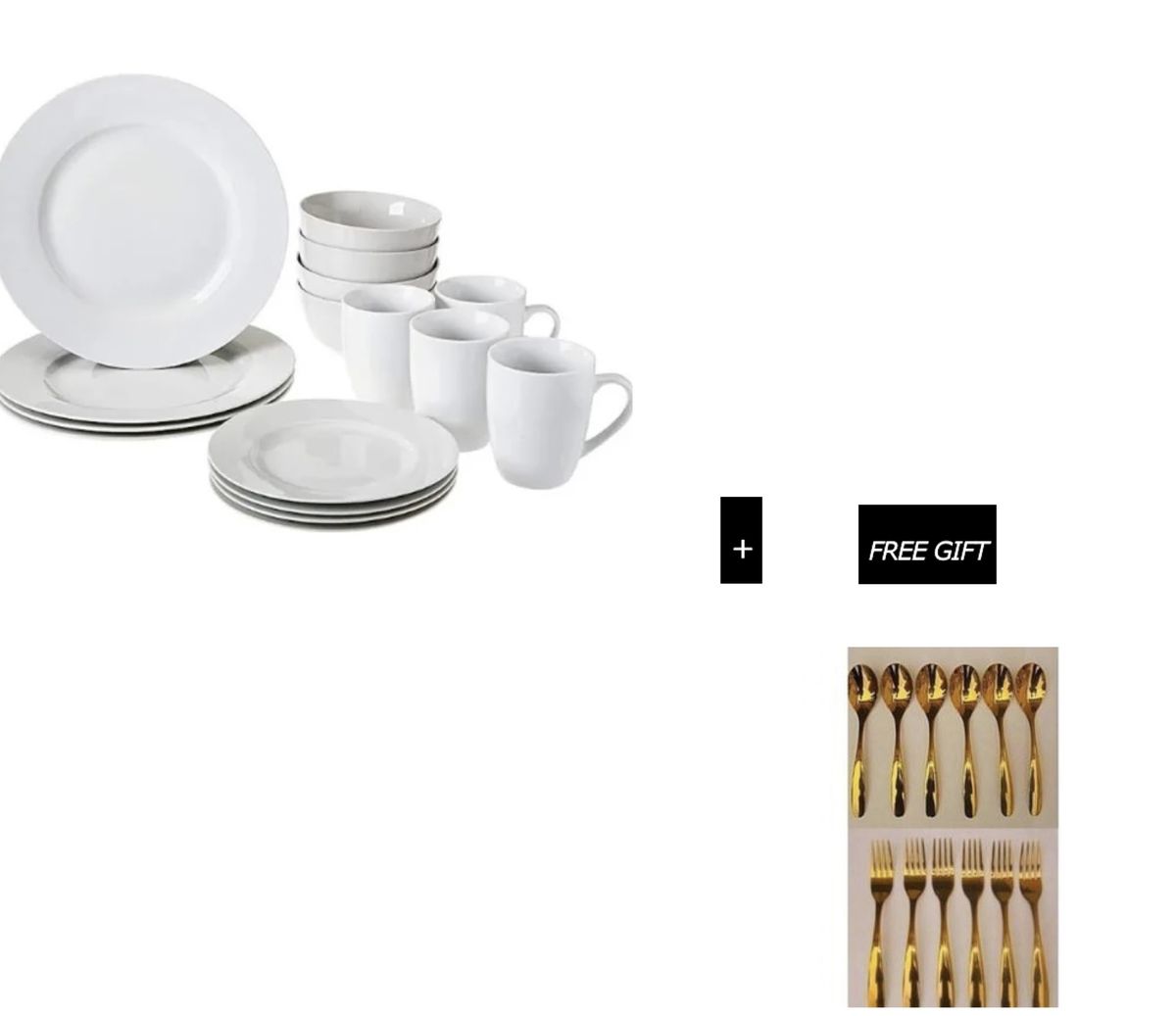 Dinner Plate Set 16 Pieces_White And Free Gold Spoon & Fork