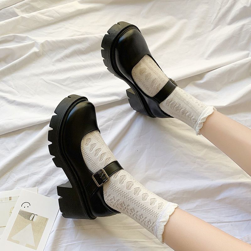 Lolita Shoes Japanese Girl Platform Black High Heels Fashion Round Toe Mary Jane Women Patent Faux Leather Student Cosplay Shoes