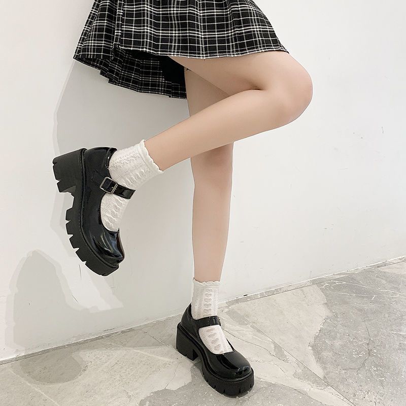 Lolita Shoes Japanese Girl Platform Black High Heels Fashion Round Toe Mary Jane Women Patent Faux Leather Student Cosplay Shoes