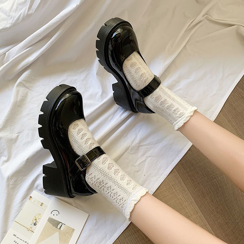 Lolita Shoes Japanese Girl Platform Black High Heels Fashion Round Toe Mary Jane Women Patent Faux Leather Student Cosplay Shoes