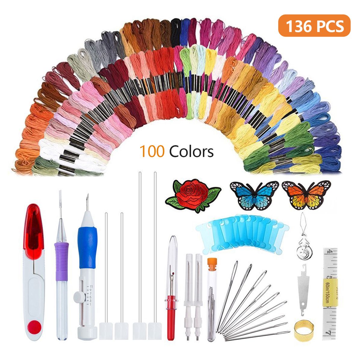 136 Pieces Embroidery Kit 100 Colors Threads Punch Needle