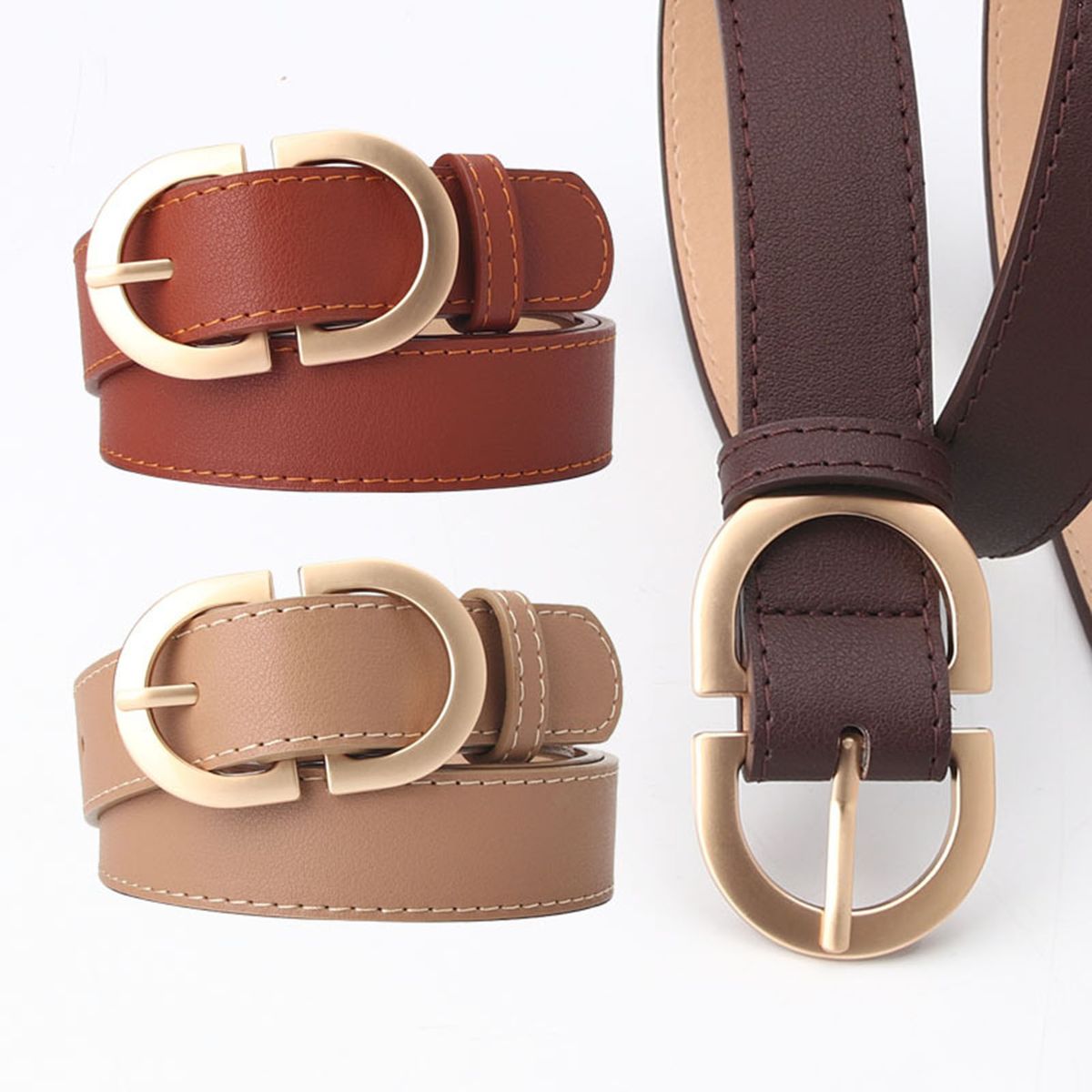 Women Belt PU Leather Vintage Solid D-shaped Buckle