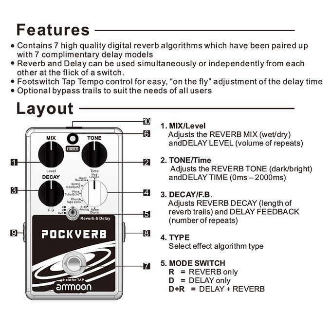 Ammoon POCKVERB Reverb & Delay Guitar Effect Pedal 7 Reverb