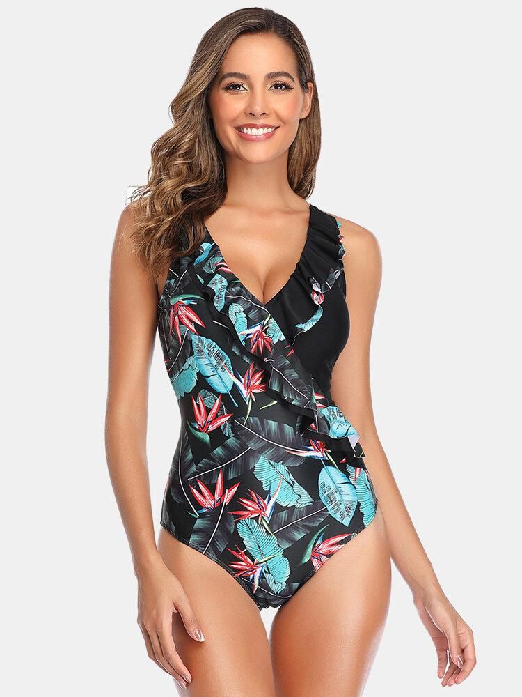 Black V-Neck Backless Flora Criss Cross Ruffled Trim Swimwear