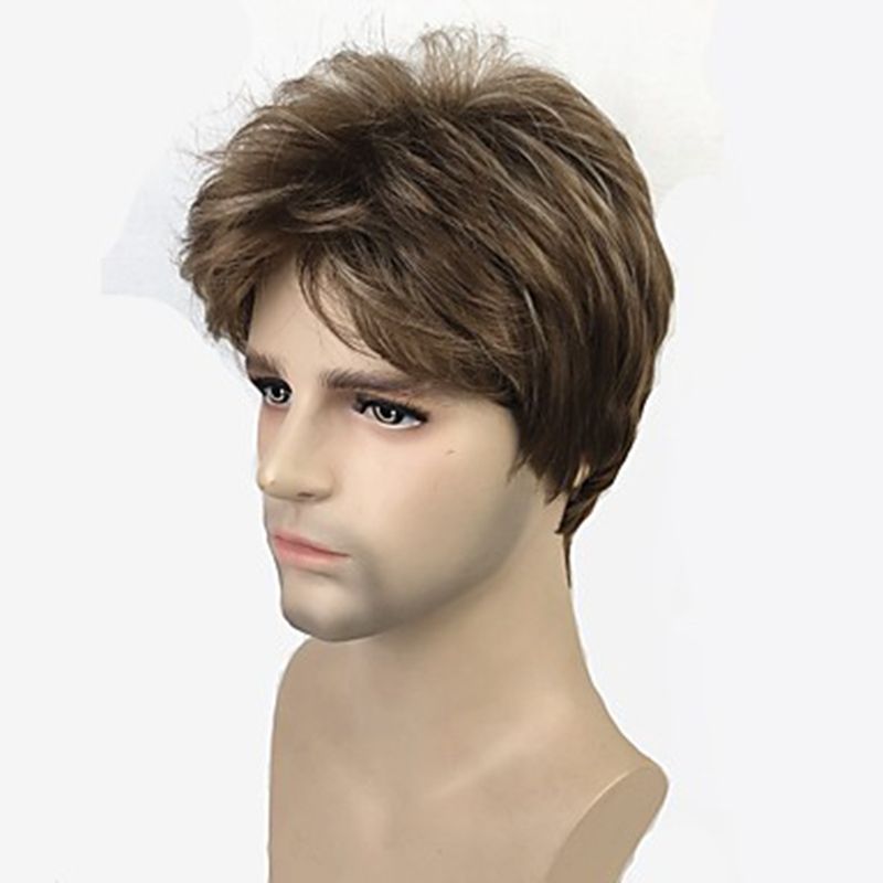 Wig Men  Short Curly Layered  Synthetic  Hair  Brown Wigs