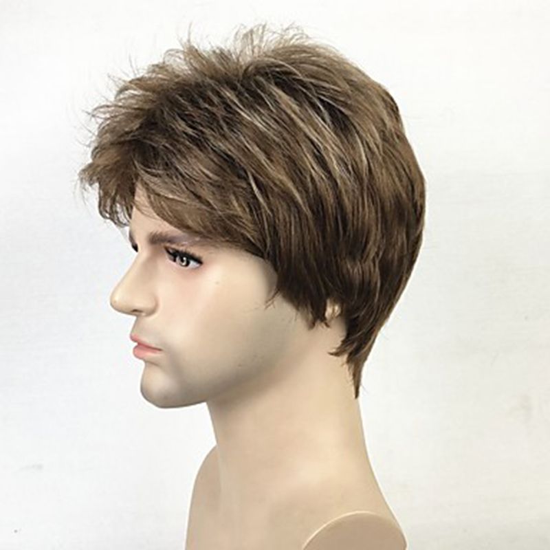 Wig Men  Short Curly Layered  Synthetic  Hair  Brown Wigs