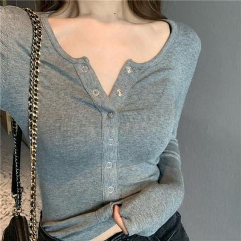 Women's Long-Sleeved T-shirt Autumn and Winter Pullover Single-Breasted Slimming Versatile High Waist Short Bottoming Shirt Women's Sneaky Design V-neck Top