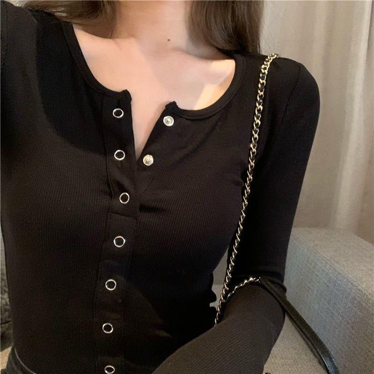 Women's Long-Sleeved T-shirt Autumn and Winter Pullover Single-Breasted Slimming Versatile High Waist Short Bottoming Shirt Women's Sneaky Design V-neck Top