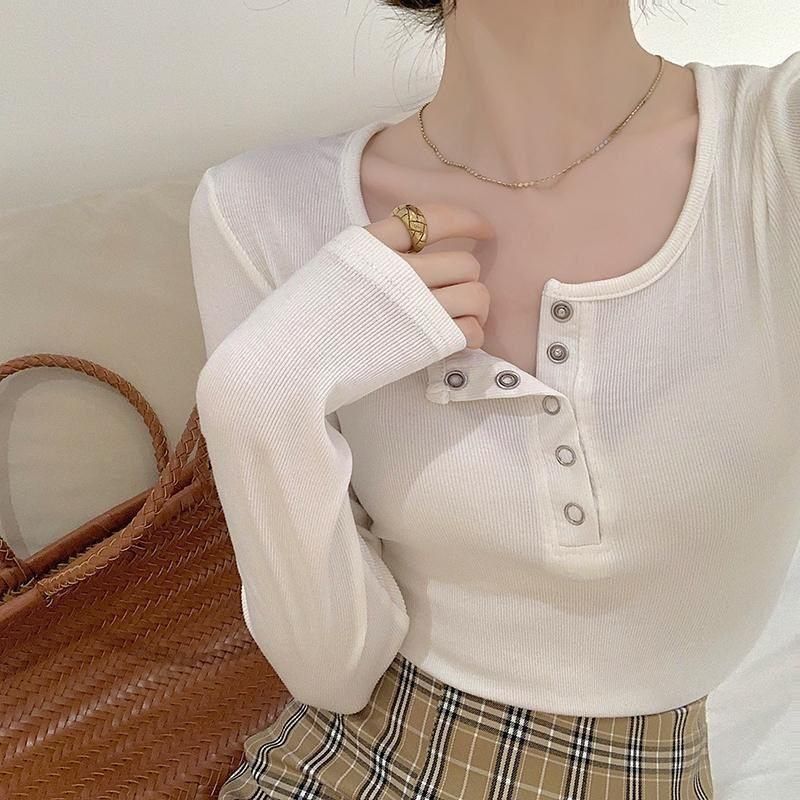 Women's Long-Sleeved T-shirt Autumn and Winter Pullover Single-Breasted Slimming Versatile High Waist Short Bottoming Shirt Women's Sneaky Design V-neck Top