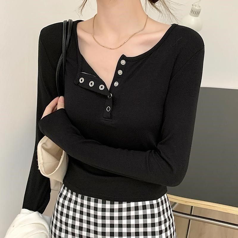 Women's Long-Sleeved T-shirt Autumn and Winter Pullover Single-Breasted Slimming Versatile High Waist Short Bottoming Shirt Women's Sneaky Design V-neck Top