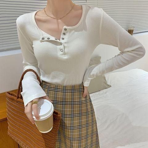 Women's Long-Sleeved T-shirt Autumn and Winter Pullover Single-Breasted Slimming Versatile High Waist Short Bottoming Shirt Women's Sneaky Design V-neck Top