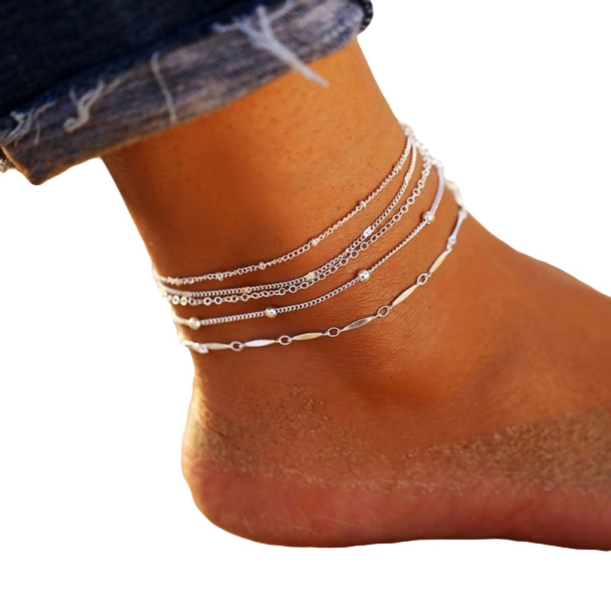 5Pcs/Set Women Beads Charm Chain Anklet Ankle Bracelet Beach Barefoot Jewelry-Silver