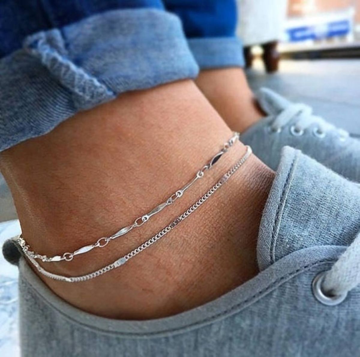 5Pcs/Set Women Beads Charm Chain Anklet Ankle Bracelet Beach Barefoot Jewelry-Silver