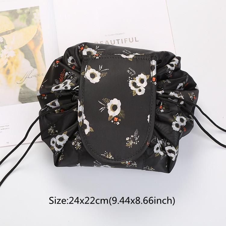 Black Flower Women's Drawstring Travel Cosmetic Bag Organiser