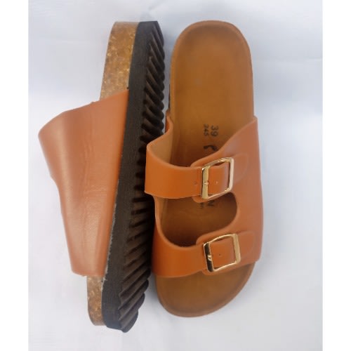 Women's Buckle Strap Cork Slides - Brown