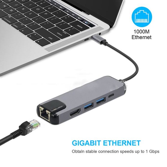 5 In 1 USB Type C Hub HDMI Rj45 Lan Adapter USB C To Gigabit Ethernet Adapter