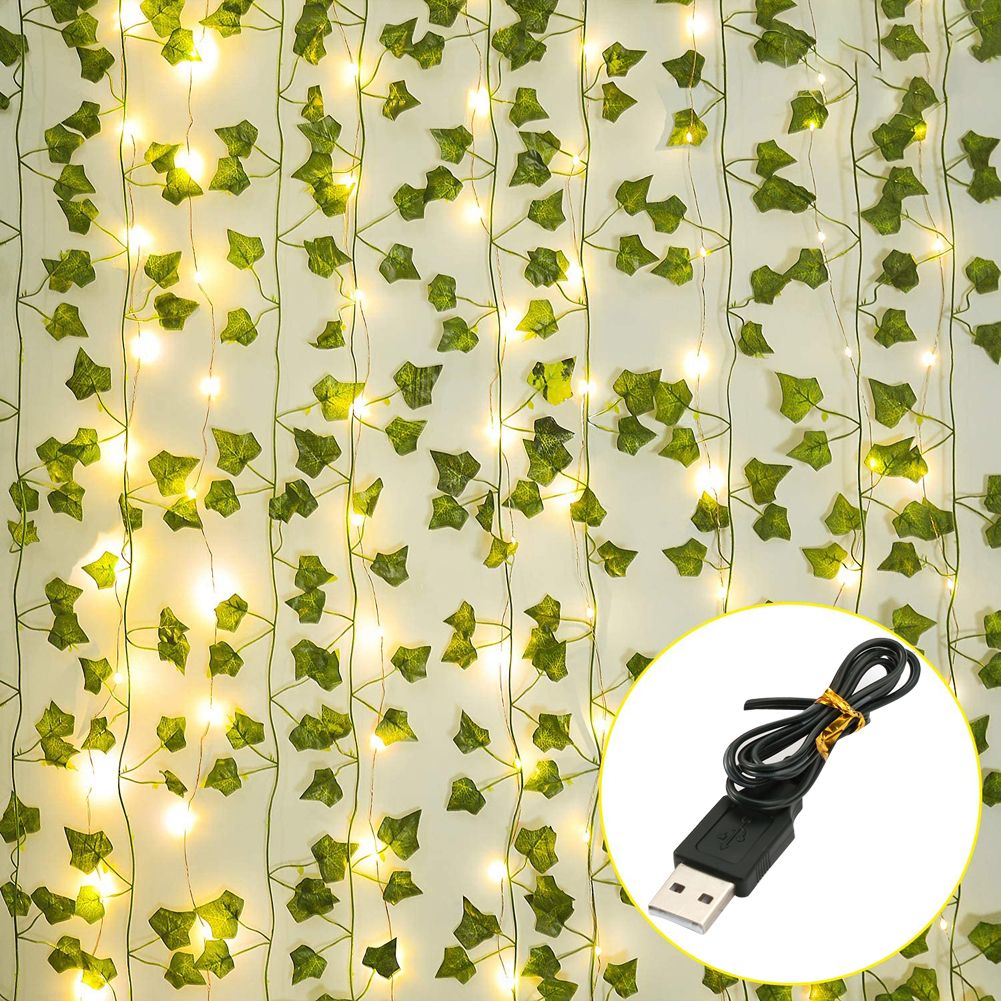 Artificial Pts LED String Light, 1PCS Green Leaf Ivy Vine Fairy Light String Maple Leaves Lamp Gard DIY Hanging Lighting--White--Battery 10M 100LED
