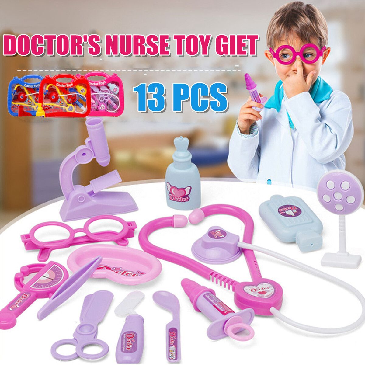 13pcs Kids Funny Play Toy Set Real Life Cosplay Doctor Game Toy Auscultation Box Doctor Play For Children Purple