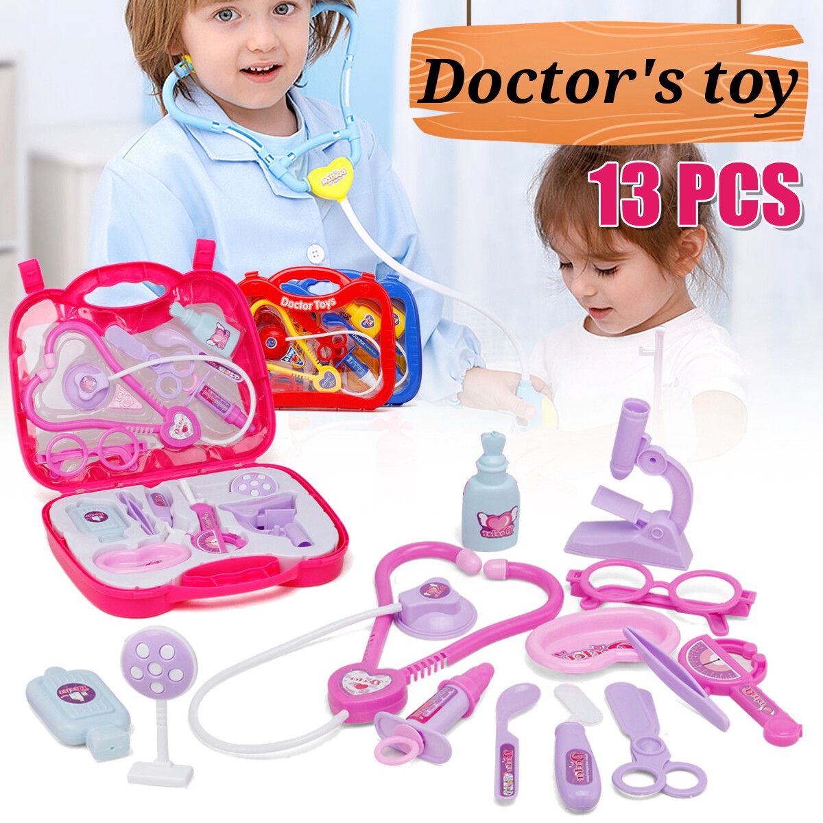 13pcs Kids Funny Play Toy Set Real Life Cosplay Doctor Game Toy Auscultation Box Doctor Play For Children Purple