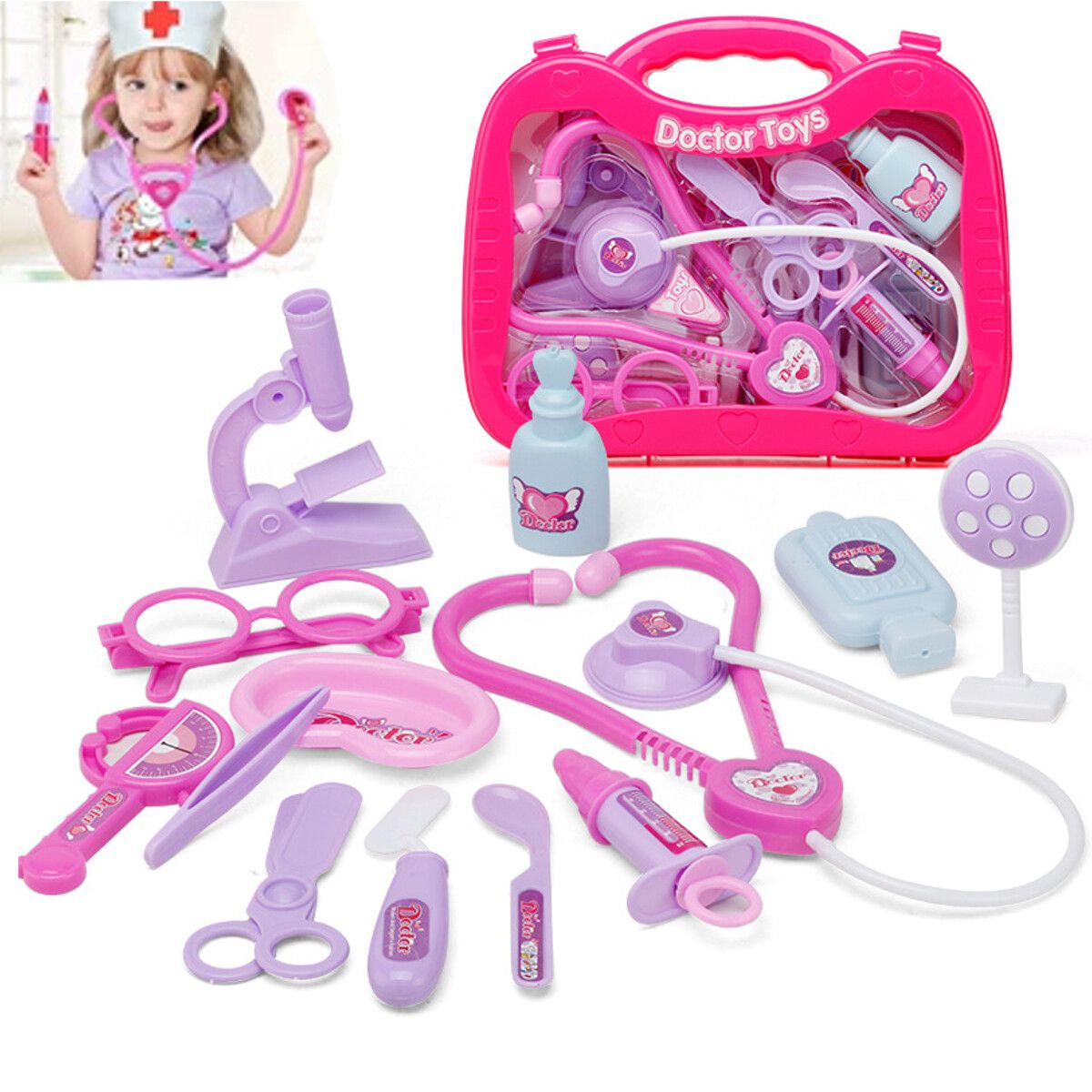 13pcs Kids Funny Play Toy Set Real Life Cosplay Doctor Game Toy Auscultation Box Doctor Play For Children Purple
