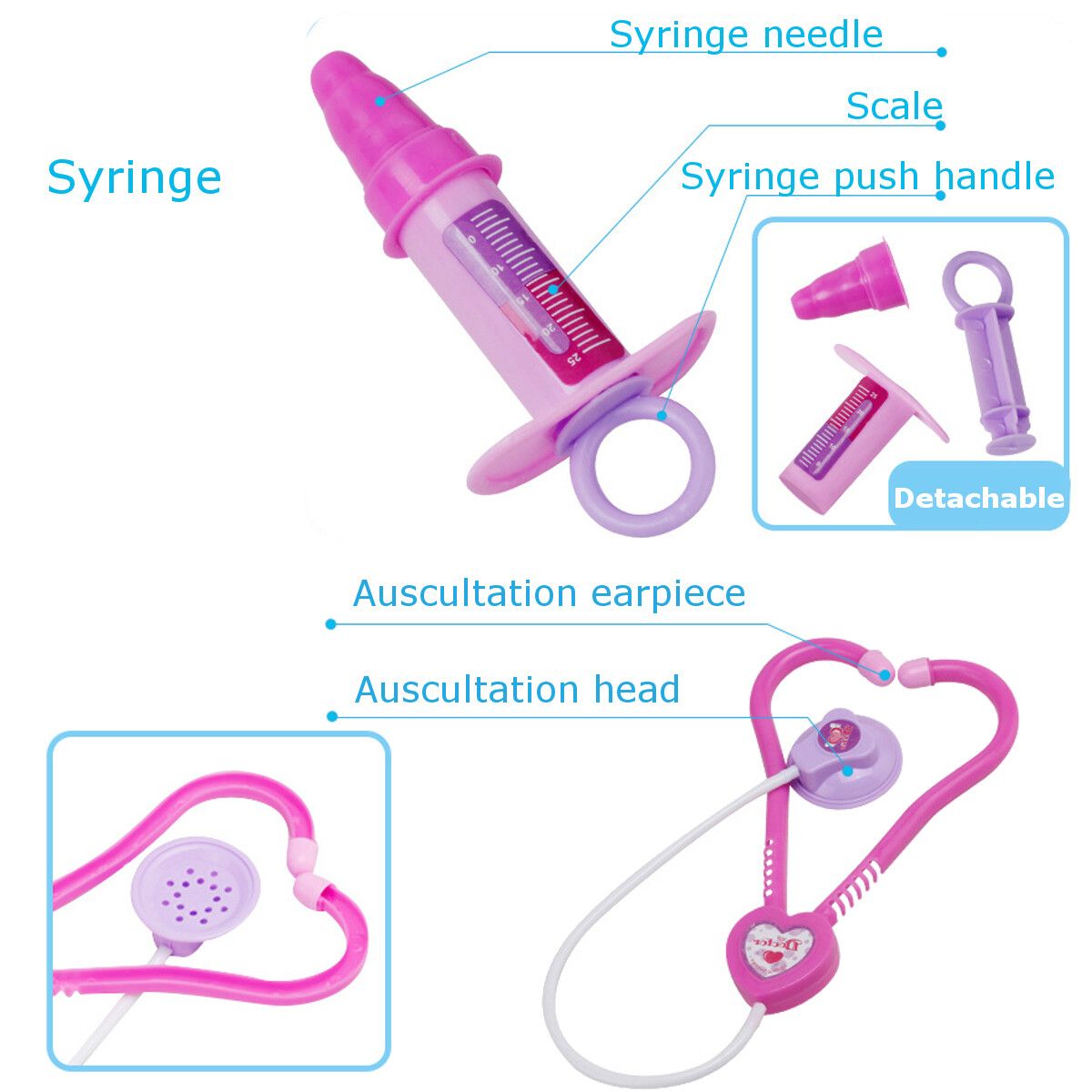 13pcs Kids Funny Play Toy Set Real Life Cosplay Doctor Game Toy Auscultation Box Doctor Play For Children Purple