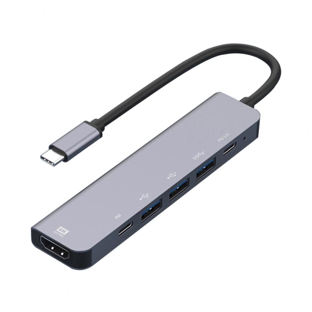 6-in-1 Type-C To HDMI + PD + Type-C + USB3.0 + USB2.0 X 2 Docking Station HUB Adapter