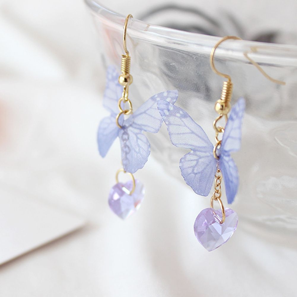 Party Elegant Women Butterfly Heart Long Dangle Hook Earrings Jewelry Gift-Purple