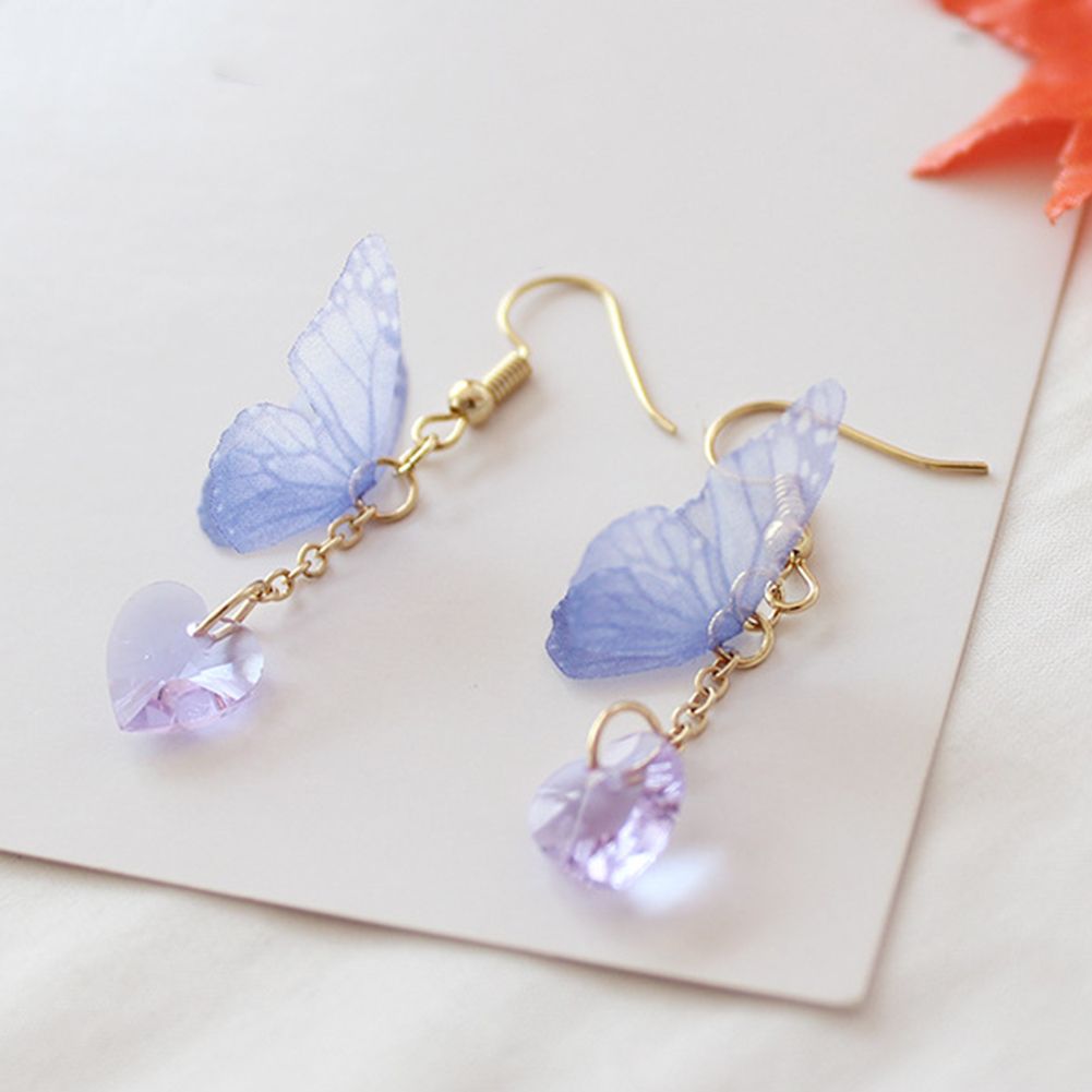 Party Elegant Women Butterfly Heart Long Dangle Hook Earrings Jewelry Gift-Purple