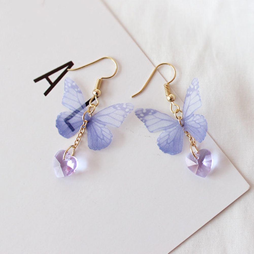 Party Elegant Women Butterfly Heart Long Dangle Hook Earrings Jewelry Gift-Purple