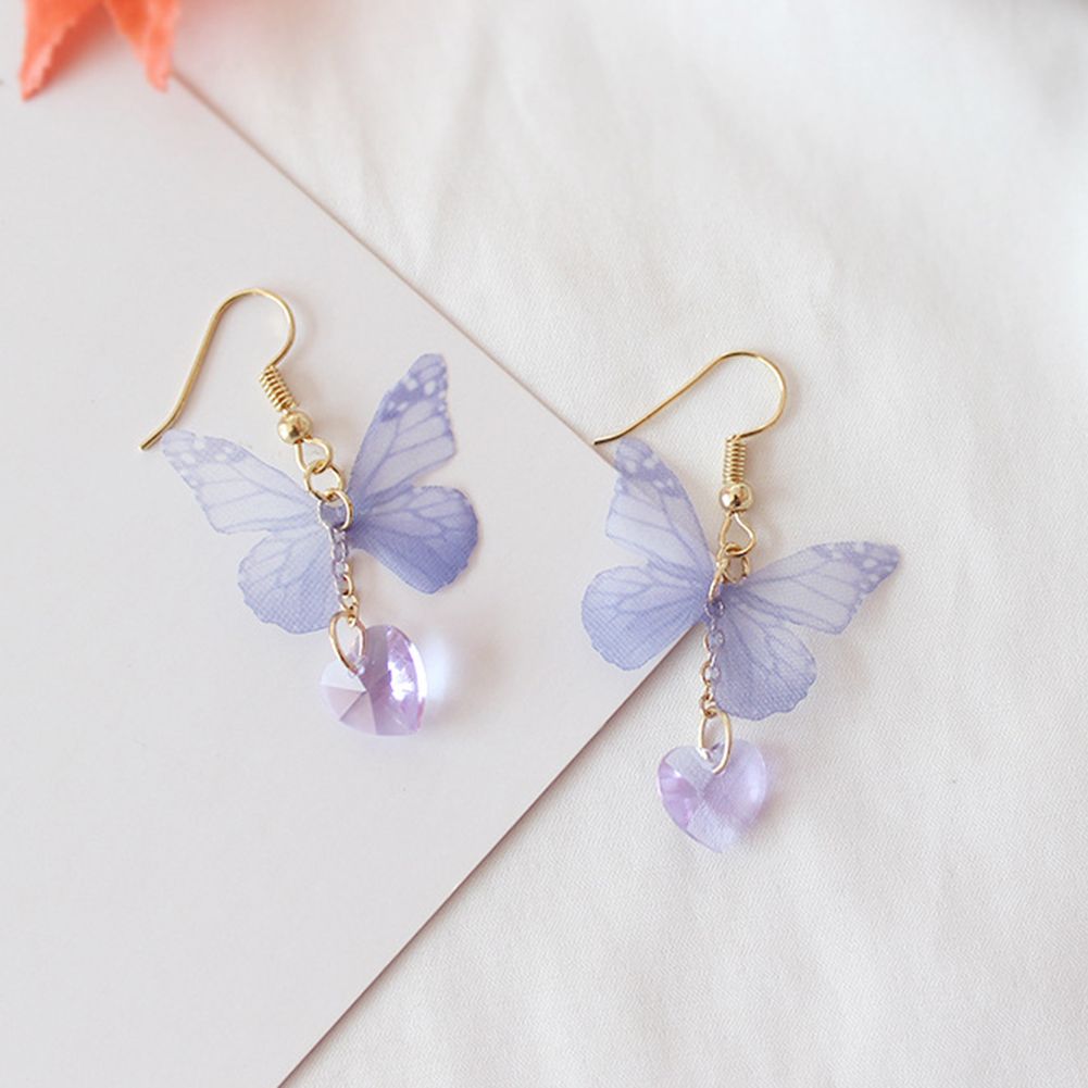 Party Elegant Women Butterfly Heart Long Dangle Hook Earrings Jewelry Gift-Purple