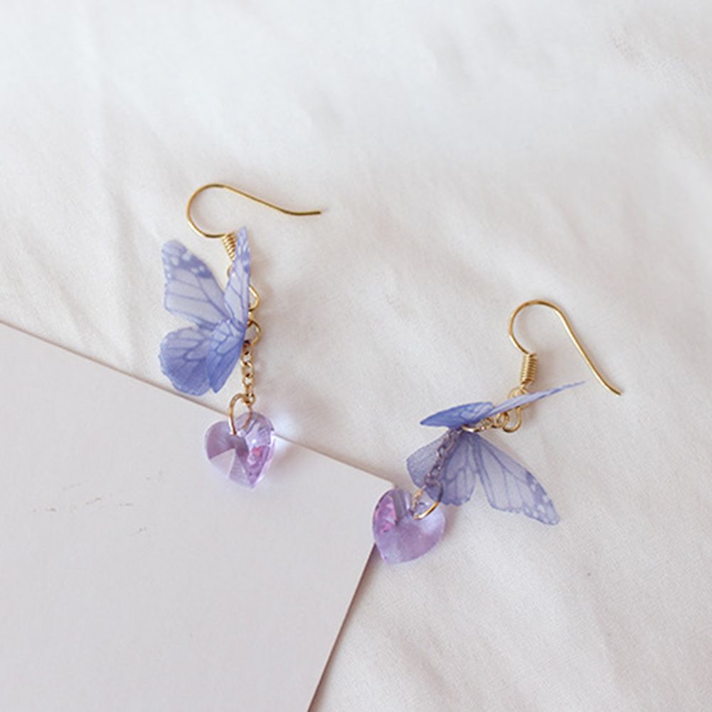 Party Elegant Women Butterfly Heart Long Dangle Hook Earrings Jewelry Gift-Purple