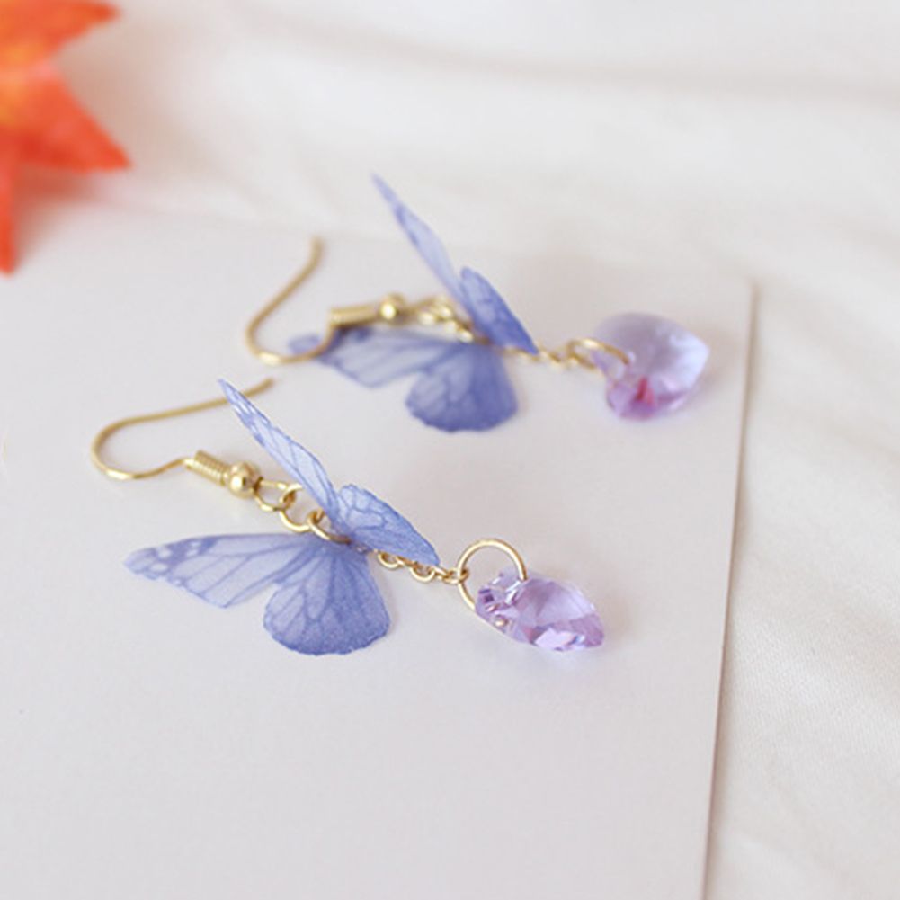 Party Elegant Women Butterfly Heart Long Dangle Hook Earrings Jewelry Gift-Purple