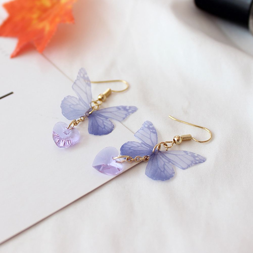 Party Elegant Women Butterfly Heart Long Dangle Hook Earrings Jewelry Gift-Purple
