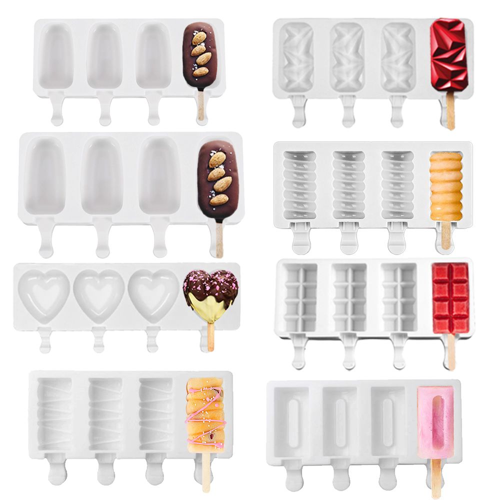 3D DIY Silicone Ice Cream Mold Handmade Eco-Friendly Popsicle Mold Mousse Dessert Freezer Juice Ice Cube Tray Barrel Maker Mould-50Pcs Sticks