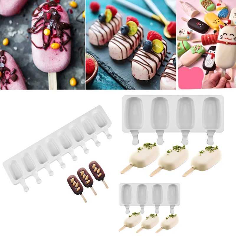 3D DIY Silicone Ice Cream Mold Handmade Eco-Friendly Popsicle Mold Mousse Dessert Freezer Juice Ice Cube Tray Barrel Maker Mould-50Pcs Sticks