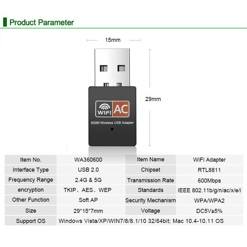 Kebidu 600Mbps 2.4Ghz + 5Ghz USB Wifi Adapter Dual Band