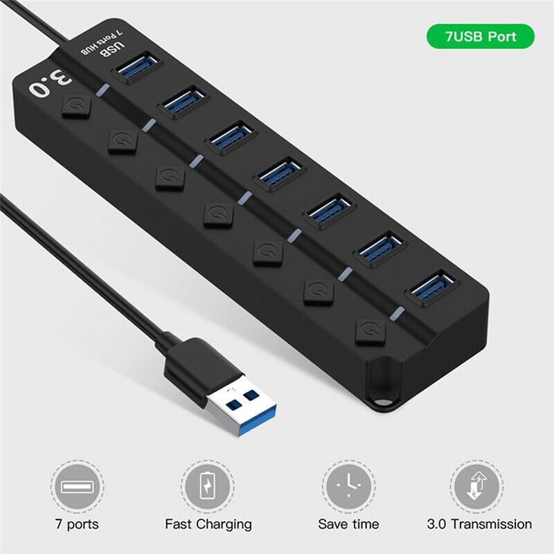 7 Port USB Hub 3.0 High Speed 5GBPS Multi USB Splitter On