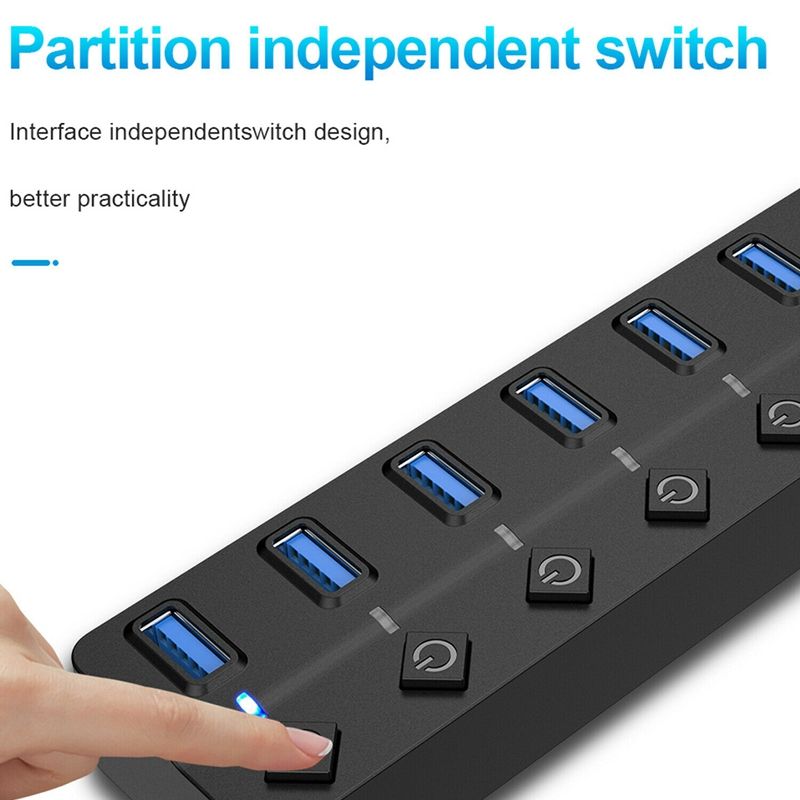 7 Port USB Hub 3.0 High Speed 5GBPS Multi USB Splitter On