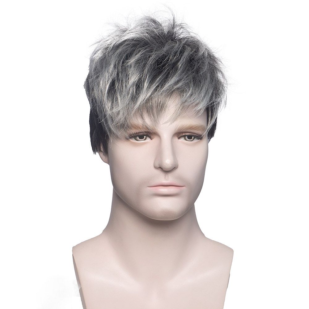 Men's Wigs Gray Black Elf Cut Wig With Bangs