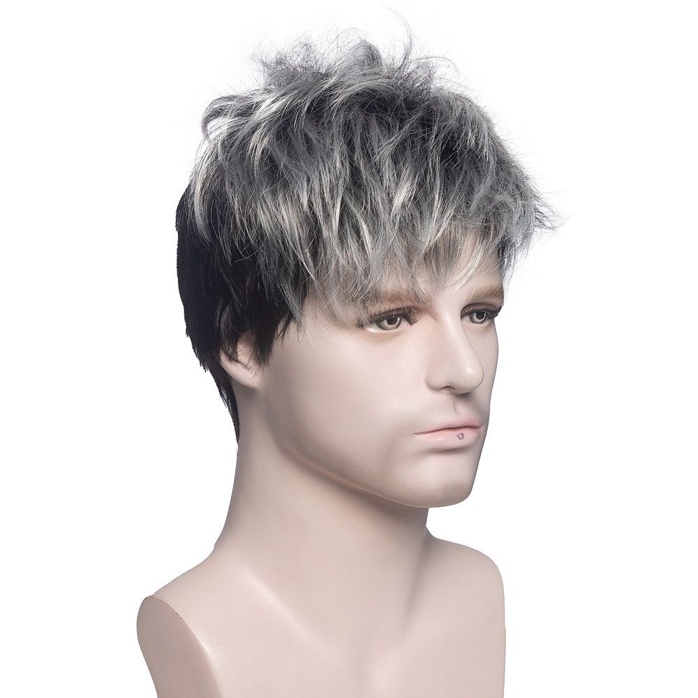 Men's Wigs Gray Black Elf Cut Wig With Bangs