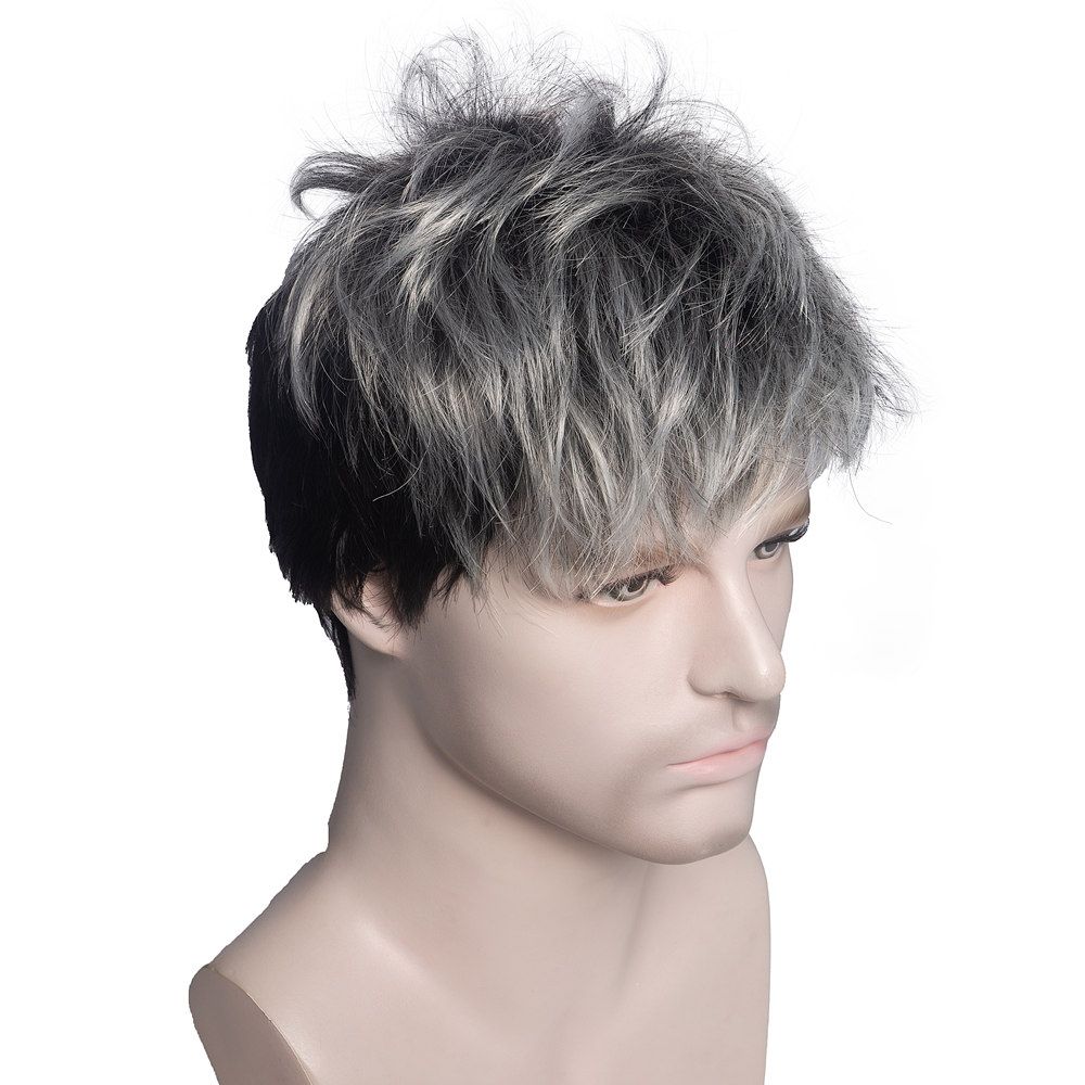 Men's Wigs Gray Black Elf Cut Wig With Bangs
