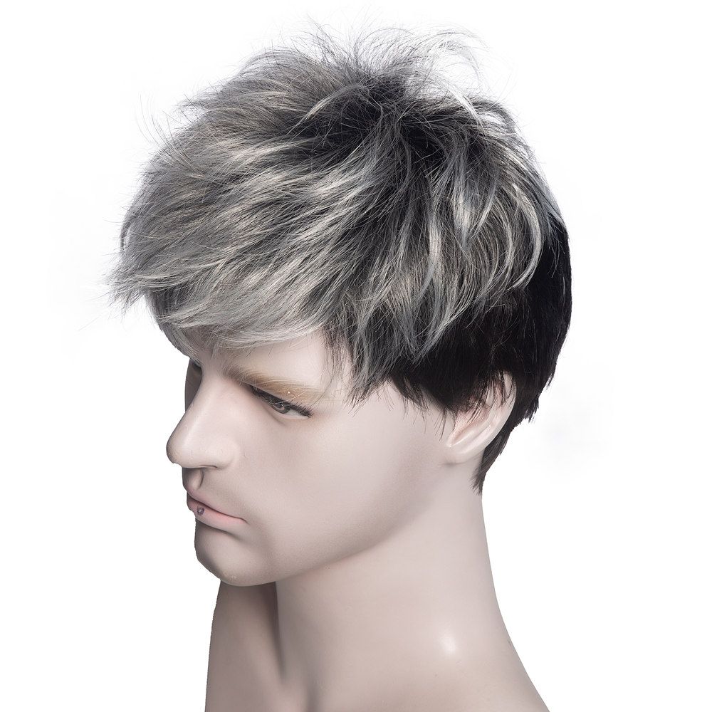 Men's Wigs Gray Black Elf Cut Wig With Bangs