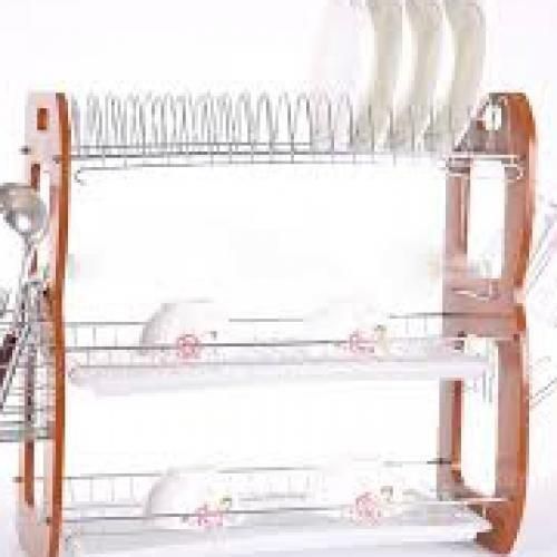 3 Layer Wooden Dish Rack With Drainer - 3 Tiers