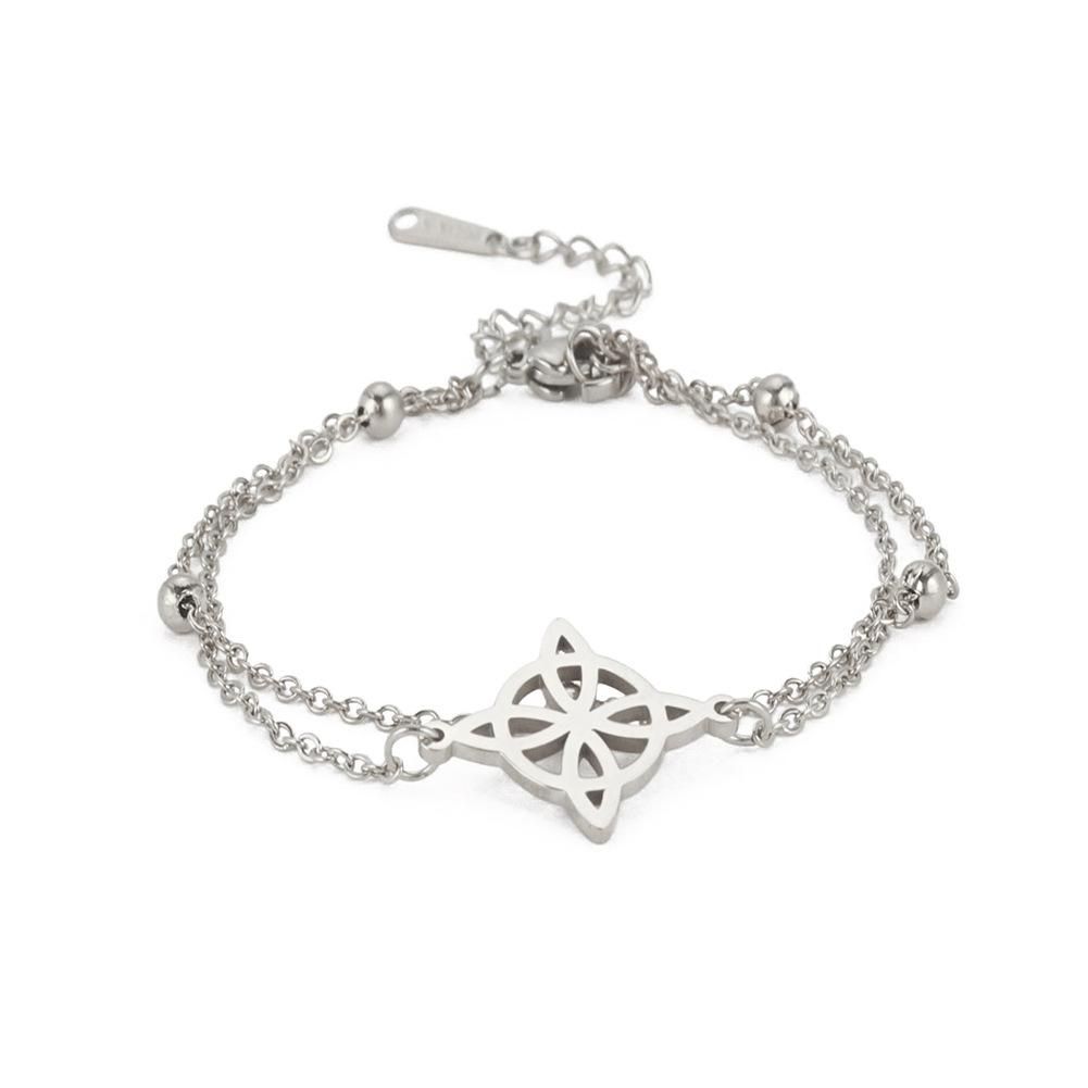 European and American Ladies Bracelet Wholesale Double Stacked Beaded Chain Accessories Stainless Steel Real Gold Electroplating Never Fading Jewelry Steel color hollow four-leaf small circle